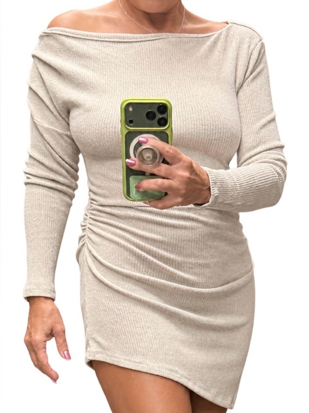 WHBM Beige Ruched Long Sleeve Bodycon Dress